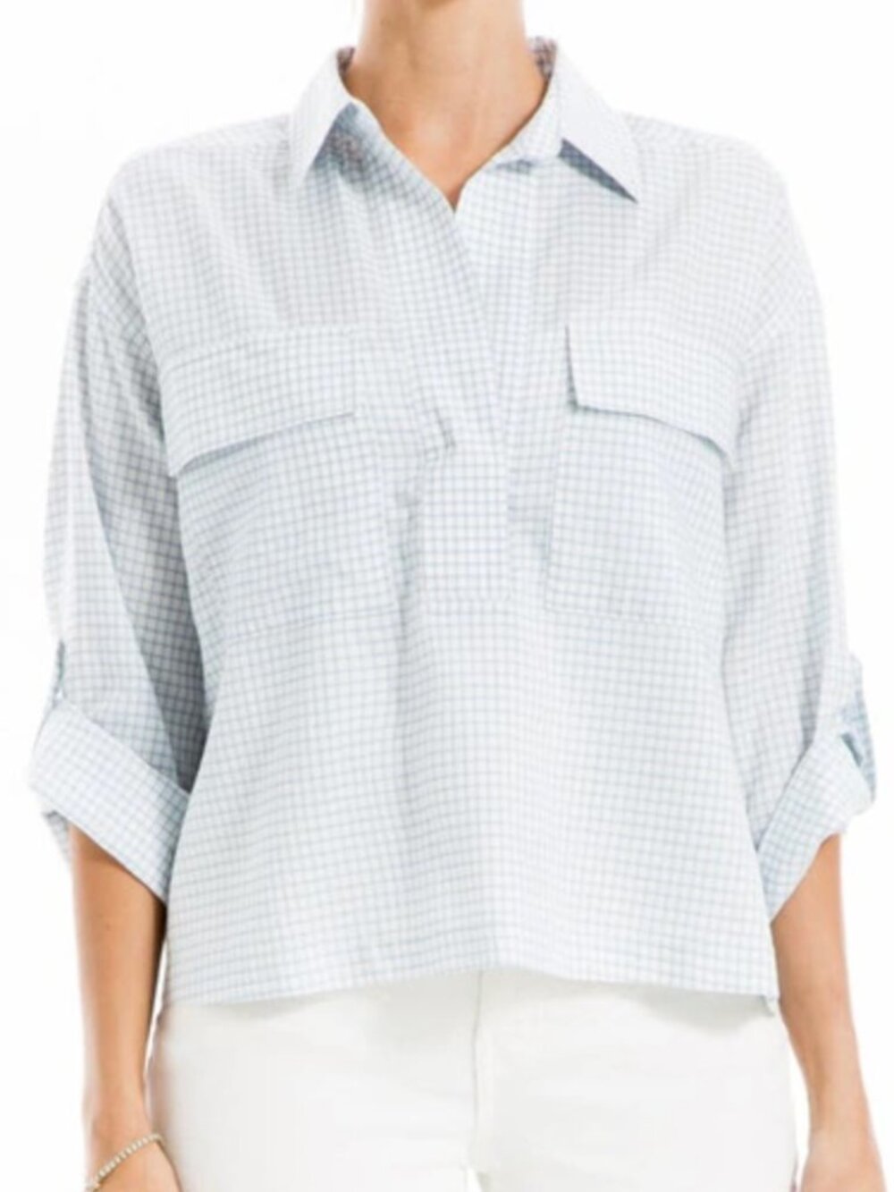 MAX STUDIO Grid Print Roll Sleeve Popover Shirt In Blue Chambray Checkered Small